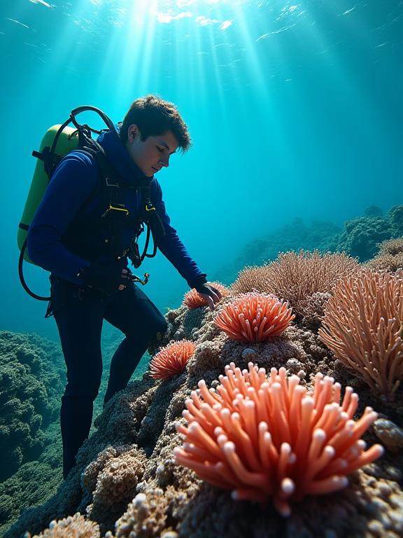 A dedicated marine scientist tending to a thriving structured underwater coral nursery, symbolizing our active restoration efforts.