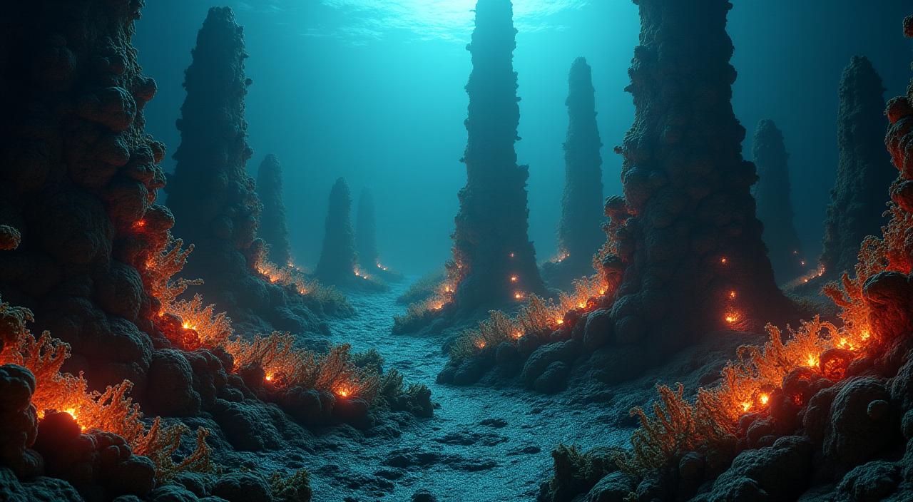 A cutting-edge submersible exploring the vibrant hydrothermal vents of the Galapagos Rift, surrounded by unique deep-sea life.