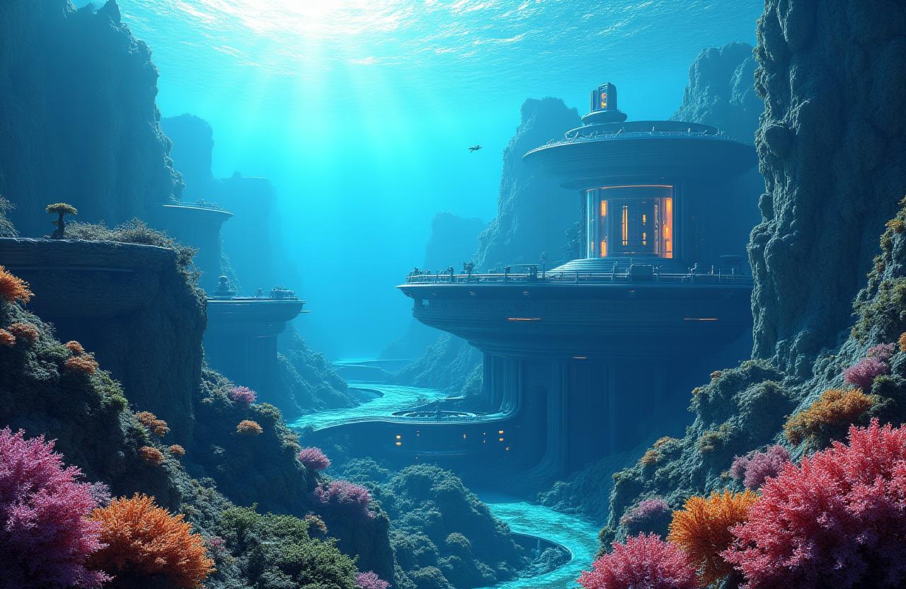 Panoramic view of a futuristic underwater habitat amidst coral reefs.