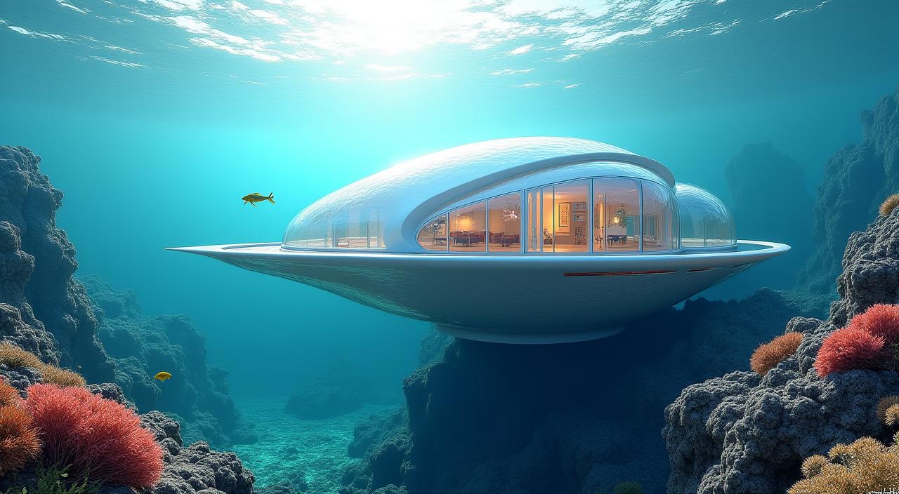 A stunning 3D render of the 'Azure 1' underwater habitat concept, depicting a luxurious sub-aquatic dwelling integrated with marine life.