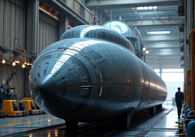 The 'Triton-V' class submersible in a dry dock, showcasing its impressive transparent hull.